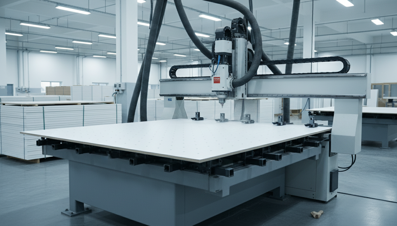 CNC machine processing white cabinet panels at the Klovo / Door Kraft facility