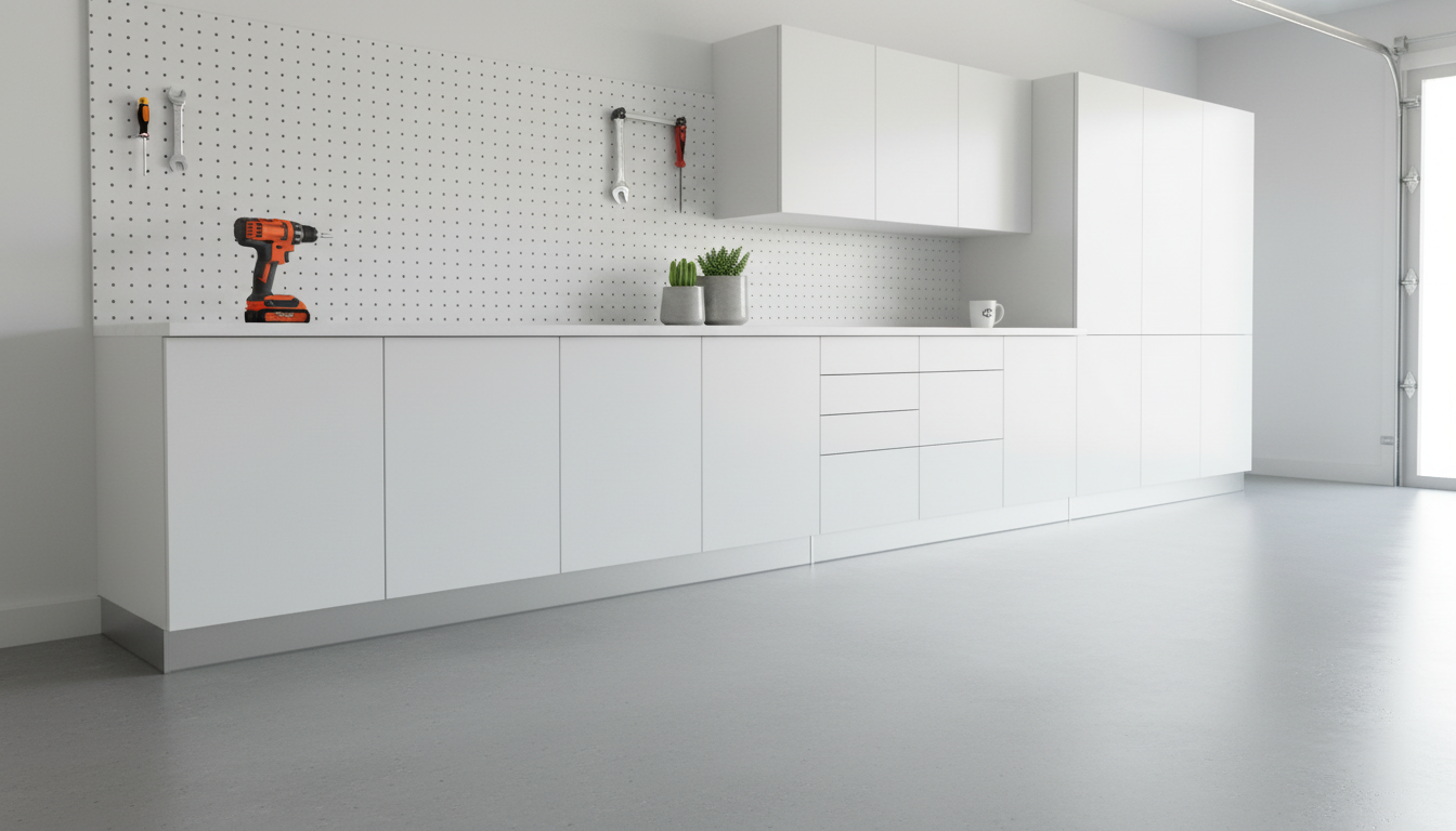 Klovo base cabinets with pegboard workspace — built for garage conditions