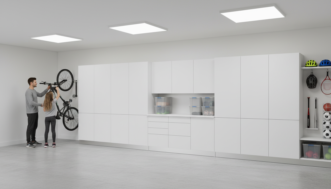 Couple organizing their garage with Klovo cabinets