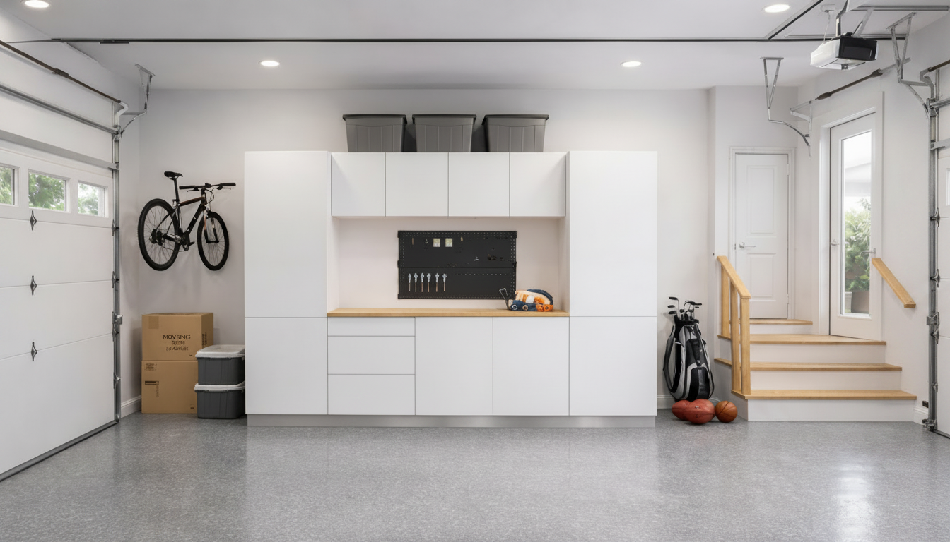 Klovo garage cabinet set in a bright modern garage with bike and stairs