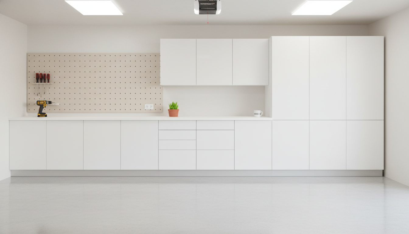 Klovo garage workspace with pegboard, drill, and organized storage