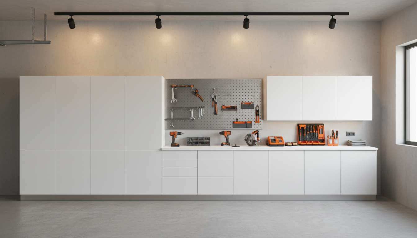 Klovo workspace with track lighting, organized tools, and pegboard