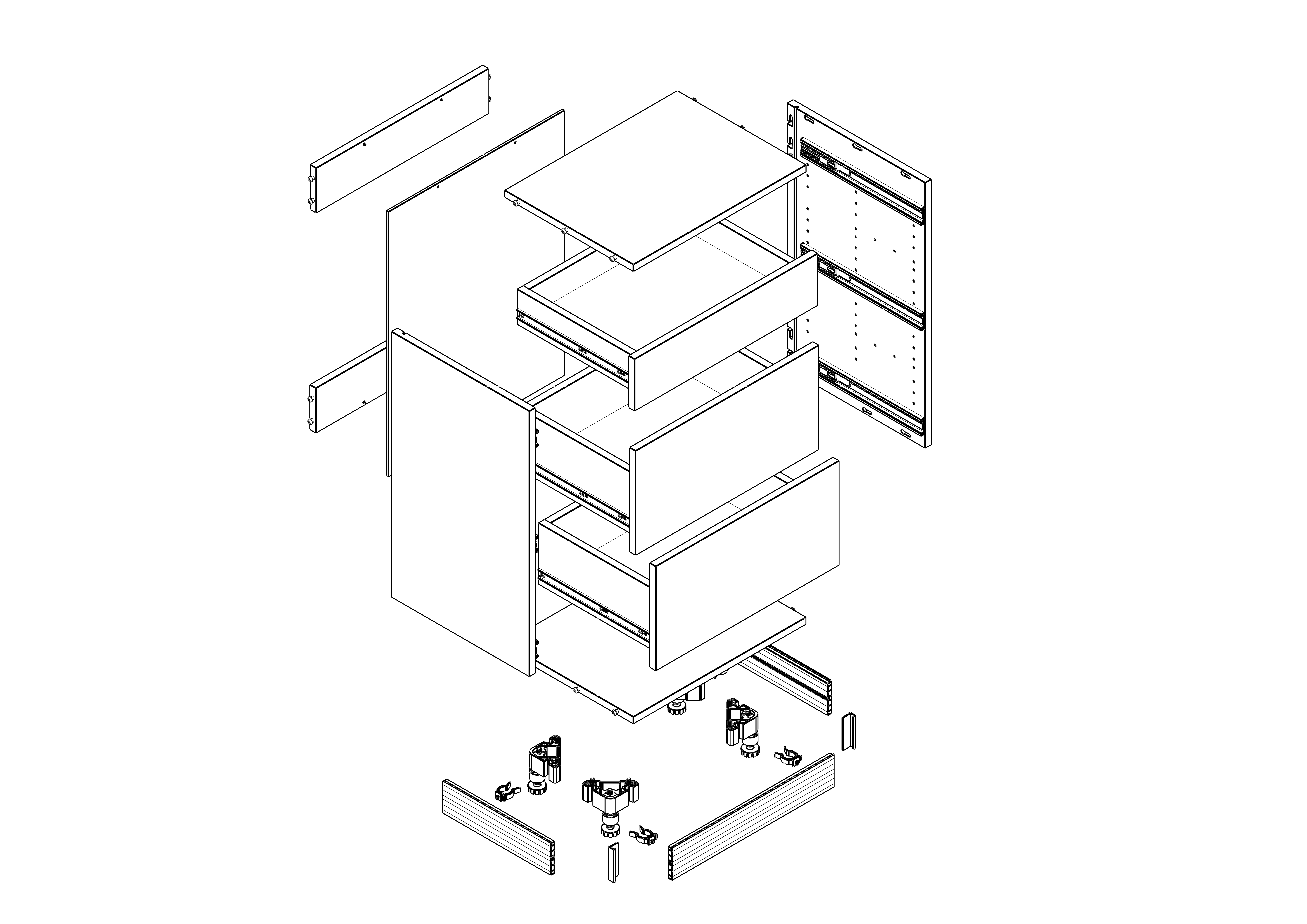 Exploded view of a Klovo 3-drawer base cabinet showing panels, drawers, hinges, and toe kick